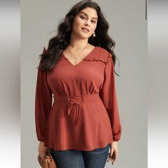 Nwt! Rust Color, Perfect For Fall! V-Neck, Lantern Sleeves, Elastic Cuffs Shirred, Frill Trim, Drawstring, Elastic Waist Size 18-20 Chiffon Tops For Women Trendy, Womens Trendy Tops, Winter Color, Fashion Attire, Style Office, Lantern Sleeve, Chiffon Lace, Tunic Length, Rust Color