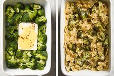 two white dishes filled with pasta and broccoli