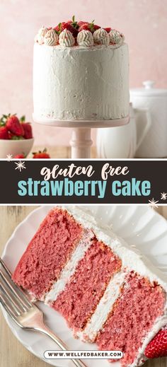 strawberry cake with white frosting and strawberries on the top, in front of a pink background