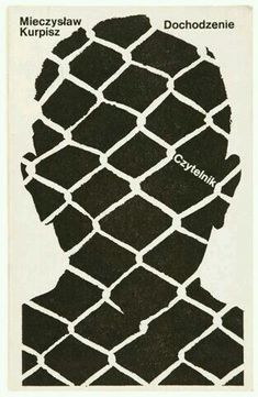 a black and white poster with an image of a man's head through a chain link fence