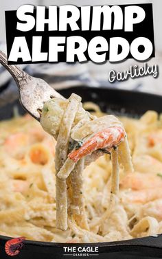 shrimp alfredo served in a cast iron skillet with text overlay that reads shrimp alfredo gautily