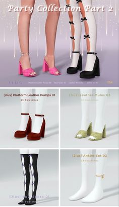 four pairs of high heeled shoes with bows on the ankles and heels in different colors