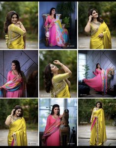 many different pictures of a woman in yellow and pink sari with her hand on her hip