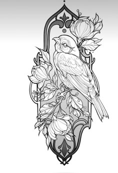 a black and white drawing of a bird sitting on top of a flowered branch