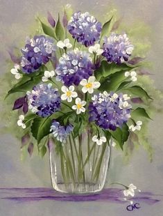 a painting of blue and white flowers in a vase