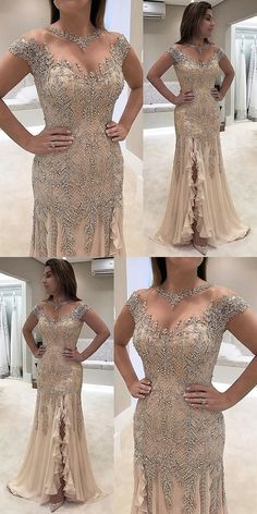 Champagne Prom Dresses, Split Prom Dresses, Champagne Prom Dress, Prom Dresses Elegant, Elegant Prom Dresses, Dresses Chiffon, Beaded Prom Dress, Chiffon Prom Dress, Mom Dress