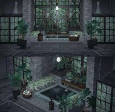 two pictures of the inside of a house with plants and potted plants in it