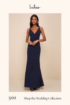 a woman in a long blue dress with the words shop the wedding collection on it