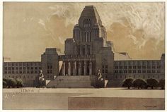 an old drawing of a large building with trees in the foreground and clouds in the background