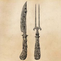 an old drawing of two knives and a knife blade with floral designs on the handles