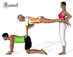 two people are doing yoga poses on their stomachs and knees, one is bending over the other's head