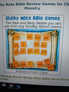 the sticky note bible game for children is displayed on a computer screen with notes attached to it