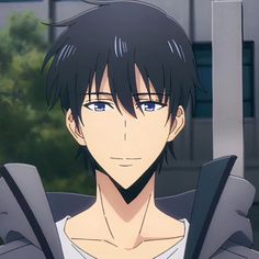 an anime character with black hair and blue eyes looking at the camera while standing in front of a building