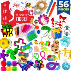 there are many different toys and items in the box on this white background with text that says 50 packs for fidgett