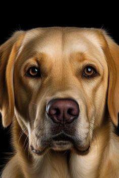 a close up of a dog's face on a black background