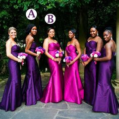 a group of women standing next to each other wearing purple dresses and holding bouquets