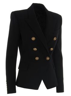 Blazer From Balmain: Wool Gold Buttons Doublebreasted BlazerComposition: 100% wool | Balmain Women's Blazer in Black | SS21 Balmain Blazer, Double Breasted Blazer, Jeans Jumpsuit, Couture Collection, Yoga Wear, Gold Buttons, Double Breasted Suit Jacket, Dress Codes, Dress To Impress