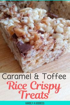 caramel and toffe rice crispy treats on a cutting board with text overlay