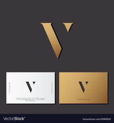 two business cards with the letter v in gold and white colors on a dark background