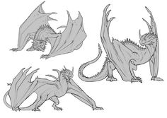 three different types of godzillas, one with large wings and the other with short legs