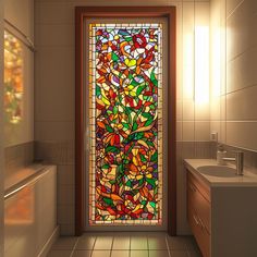 a bathroom with a large stained glass window next to a sink and counter top area