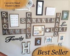 a wall with many frames on it and the words best seller written in large letters