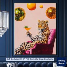 a painting of a leopard sitting in a chair with a martini glass on it's arm