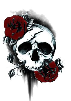 a drawing of a skull with roses on it