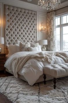 a bedroom with a large bed and chandelier