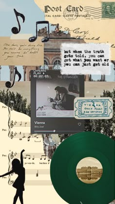 a collage with musical notes, music sheets, and a green vinyl record player