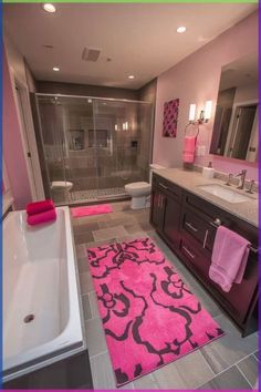 Pink And Silver Bathroom Ideas, Pink Flower Bathroom, Pink Bathroom Modern, Hot Pink Bathroom Ideas, Female Bathroom Ideas, Pink Girly Bathroom, Mcbling Bathroom, Bathroom Pink Aesthetic, Pink And White Bathroom Decor