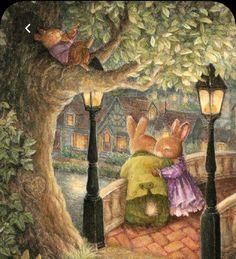 a painting of two bunnies sitting on a tree next to a lamp post with a house in the background