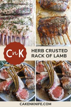 four pictures showing how to cook the rack of lamb