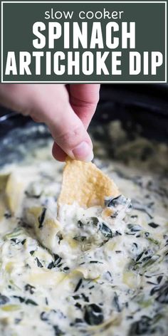 spinach artichoke dip with a tortilla chip being dipped into it