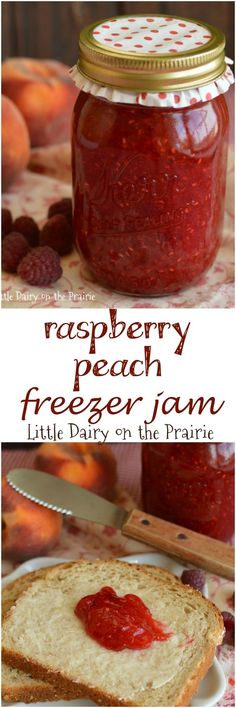 raspberry peach freezer jam in a jar and on a plate with bread