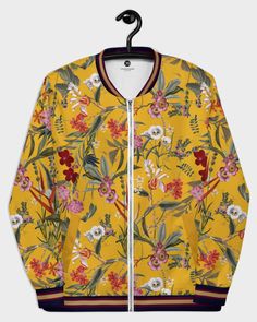 yellow-floral-bomber-jacket Yellow Floral, Jacket Outfits, Polyester Fabric, Bomber Jacket, Active Wear, Floral Prints, Fashion Design, Clothes For Women