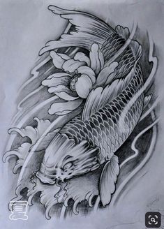 a drawing of a koi fish with water lilies on it's side