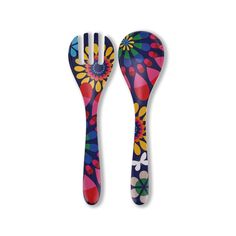 two spoons with colorful designs on them are next to each other and one has a fork in the shape of a flower