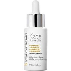 Kate Somerville's Kx Active Concentrates Vitamin B3 + Vitamin C Serum is a high concentrate serum uniquely formulated to powerfully brighten and even skin tone while improving texture and clarity. Inspired by the signature serums formulated at Kate's Skin Health Experts Clinic to treat specific skin concerns, this lightweight serum visibly improves tone, texture and clarity as it brightens skin. Vitamins B + C work together to target discoloration and unevenness, improving radiance and luminosit Skin Vitamins, Kate Somerville, Hyaluronic Serum, Improve Skin Tone, Skin Radiance, Vitamin B3, Skin Discoloration, Vitamin C Serum, Brightening Serum