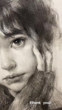 a pencil drawing of a woman's face with the words thank you on it