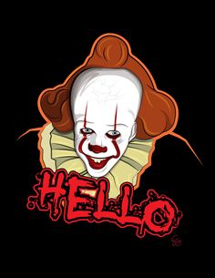 a creepy clown with the word hello on it's chest and head in red