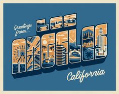 the word california written in an illustrated type with images of buildings and landmarks on it