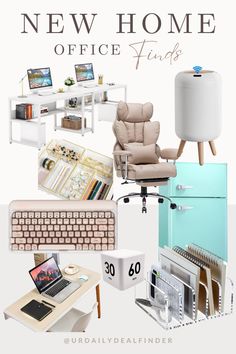 a collage of office items including a desk, chair, computer keyboard and coffee table