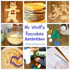 many different pictures of pancakes with the words mr wolf's pancakes activities