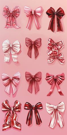 several different types of bows are shown on a pink background with red and white stripes