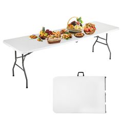 a white table topped with lots of food next to a bag filled with fruit and pastries