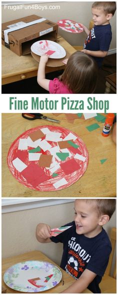 kids are making paper plates that look like they have pizza slices on them and the words fine motor pizza shop