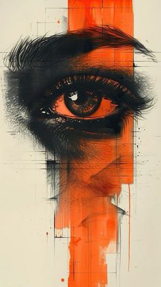 an orange and black painting with a person's eye