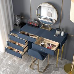 a desk with drawers and a mirror on the wall