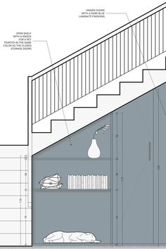 an architectural drawing shows the staircase and bookshelf in this house, as well as other details